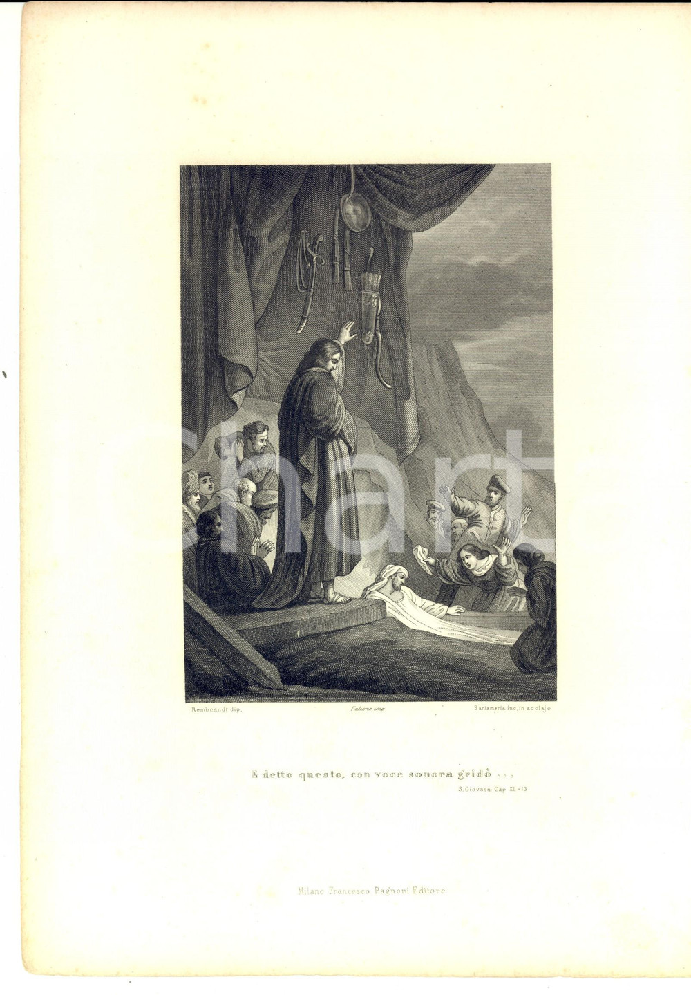 Stampa, bozzetto originale 1870 ca MILANO VANGELO GIOVANNI Resurrezione di Lazzaro Stampa inc. SANTAMARIA 1
