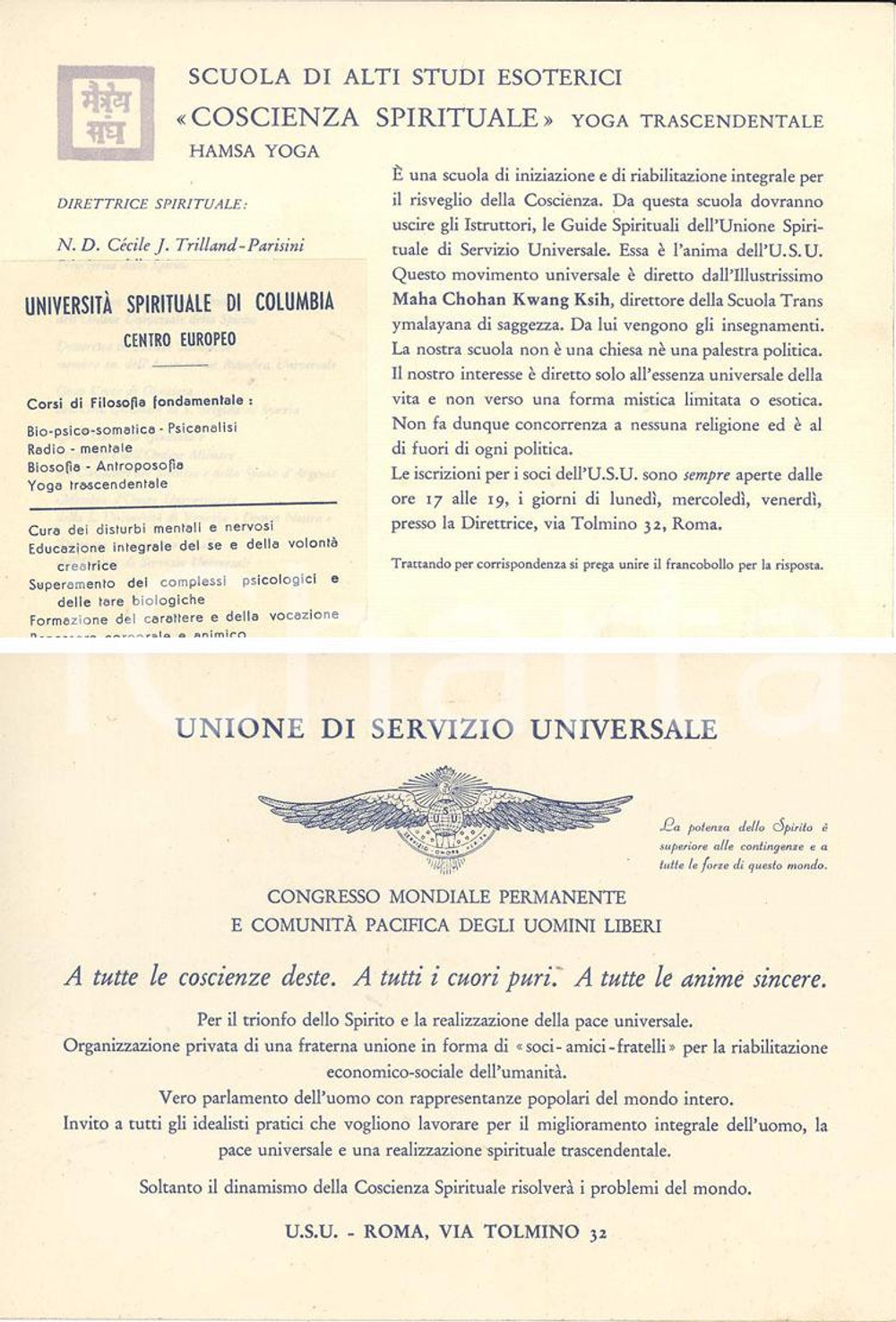 Oggetto da collezione cartaceo 1950 ca ROMA Scuola Alti Studi Esoterici  Hamsa Yoga 1
