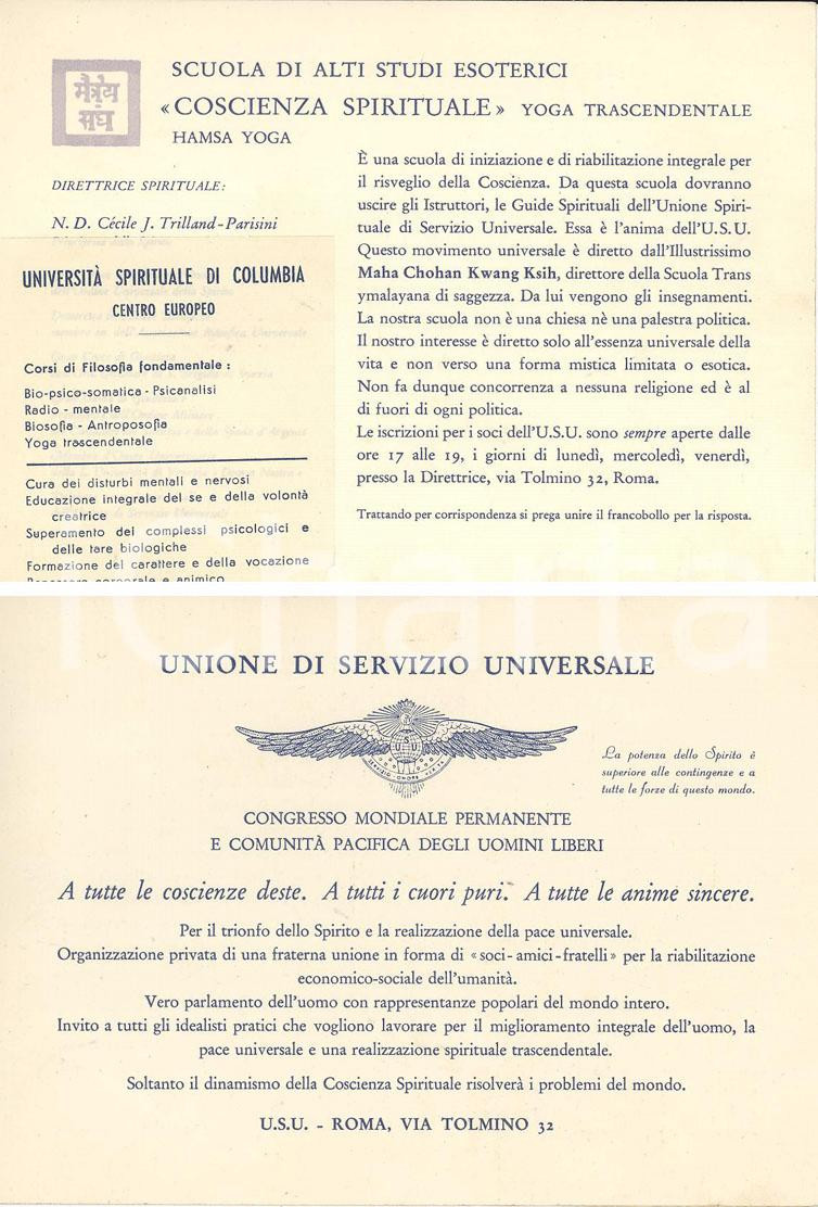 Oggetto da collezione cartaceo 1950 ca ROMA Via Tolmino 32 Scuola Alti Studi Esoterici  Hamsa Yoga Pubblicità 1