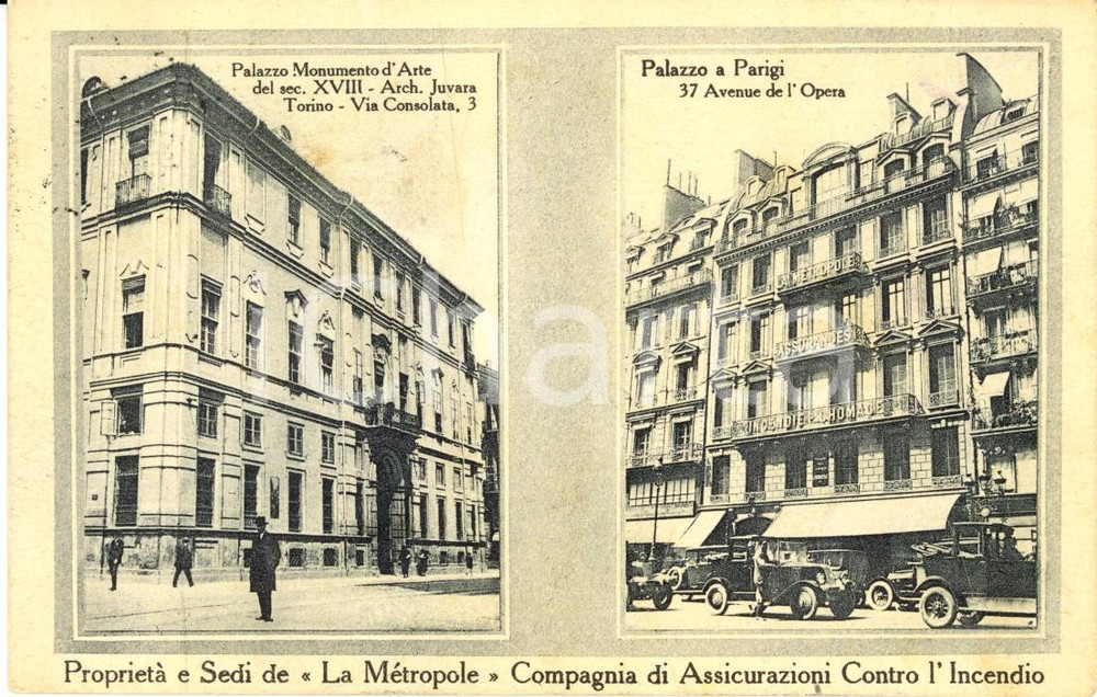 Cartolina originale da collezione 1926 TORINO METROPOLE Assicurazioni - Sedi di Torino e PARIGI *Cartolina FP NV 1