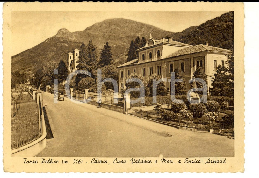 Cartolina originale da collezione 1953 TORRE PELLICE Chiesa, Casa valdese e monumento ad Enrico ARNAUD *Cartolina 1