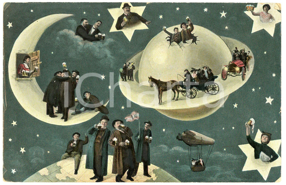 1910 ca HUMOUR Drunk men drinking beer on space - Planets and moon - Postcard  Cartolina postale d'epoca, scritta ma non viaggiata.CONDIZIONI: POOR (pellicola superficiale parzialmente staccata in pi&ugrave; punti; piegature angolari e centrale; abrasioni angolari)FORMATO: FP     originale e autentica 1