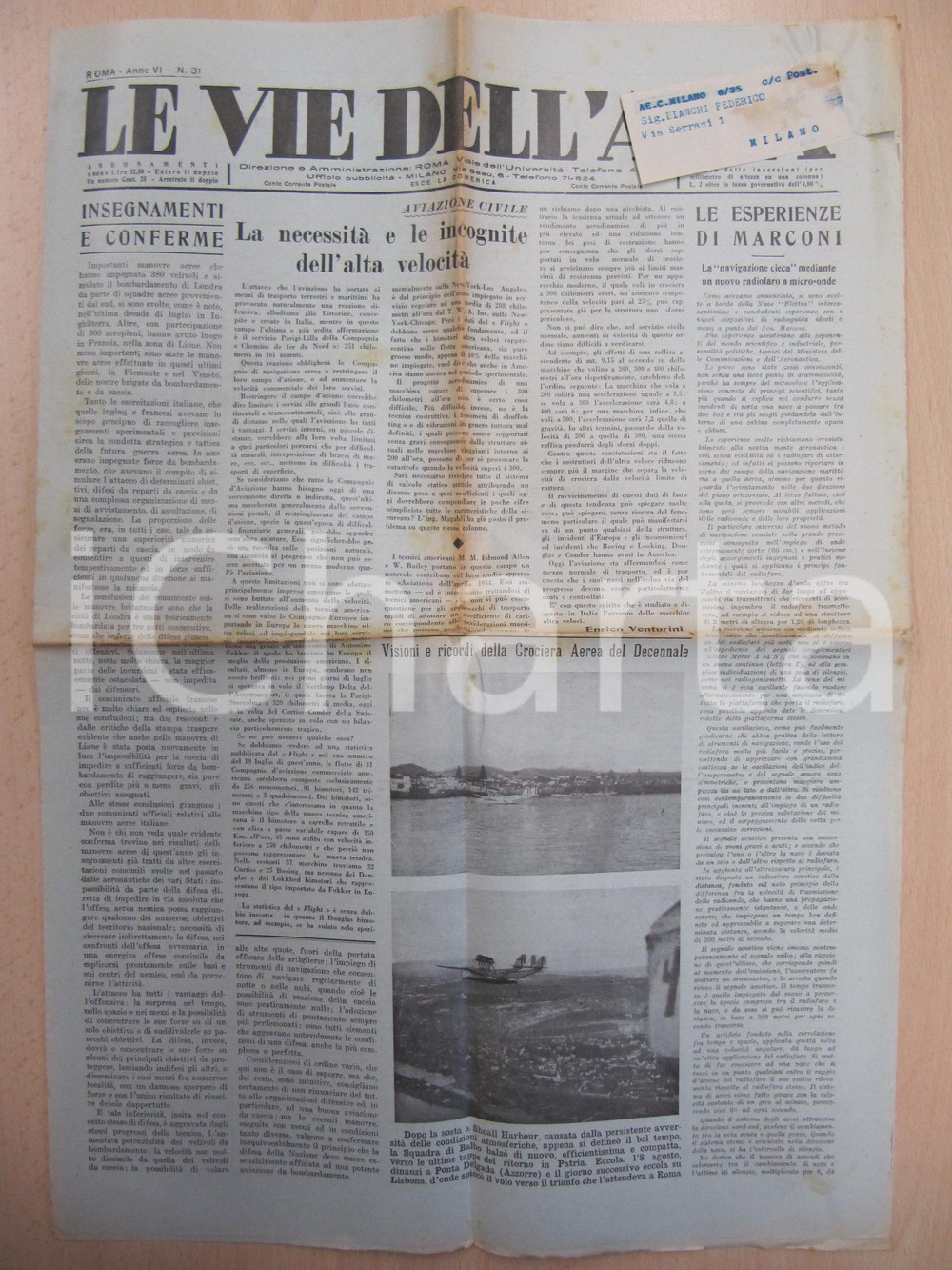 Giornale, rivista storica 1934 LE VIE DELL ARIA Navigazione con radiofaro MARCONI su nave ELETTRA Giornale 1