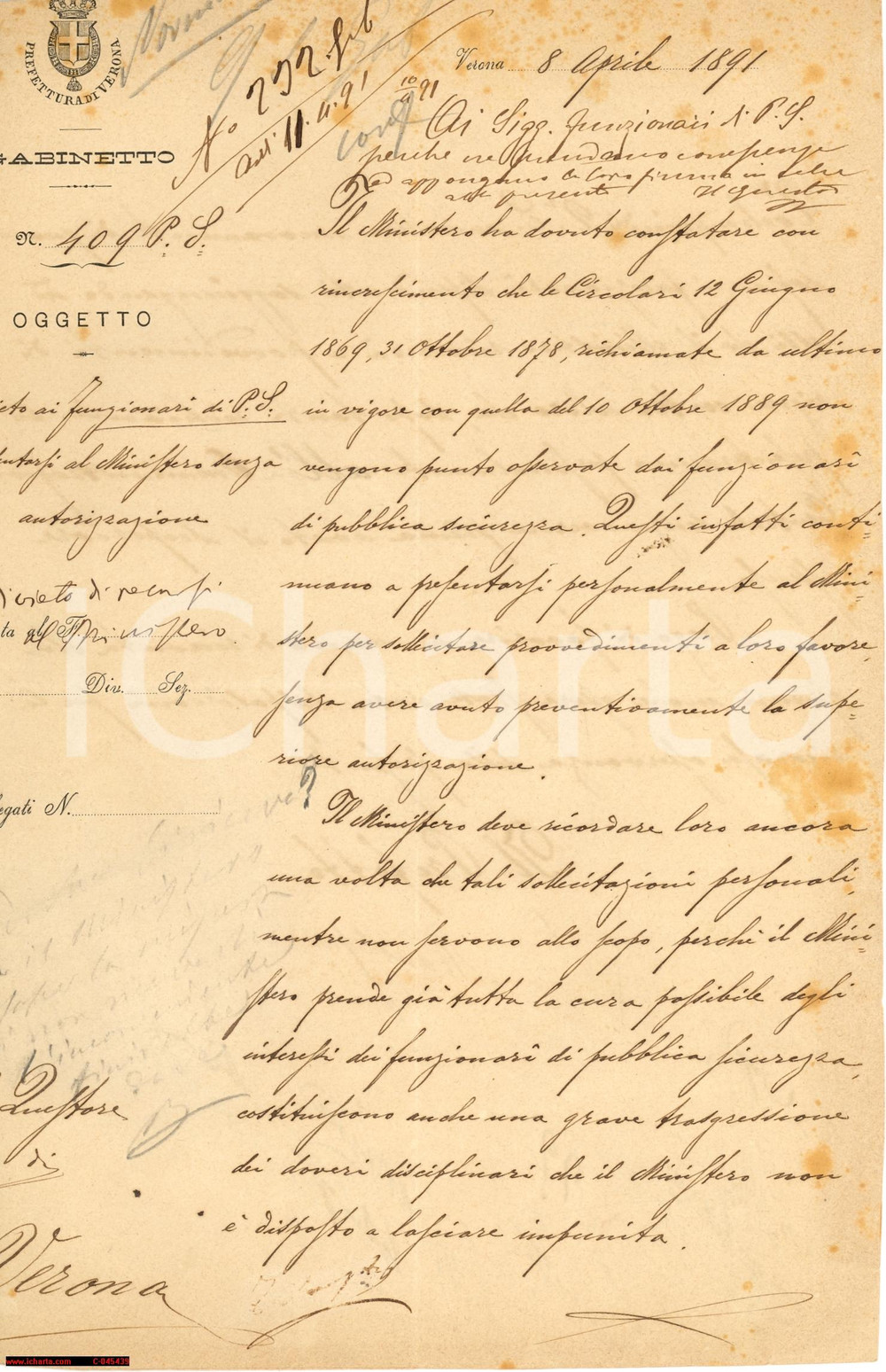 Documento originale, autentico 1891 VERONA funzionari al Ministero per casi personali 1