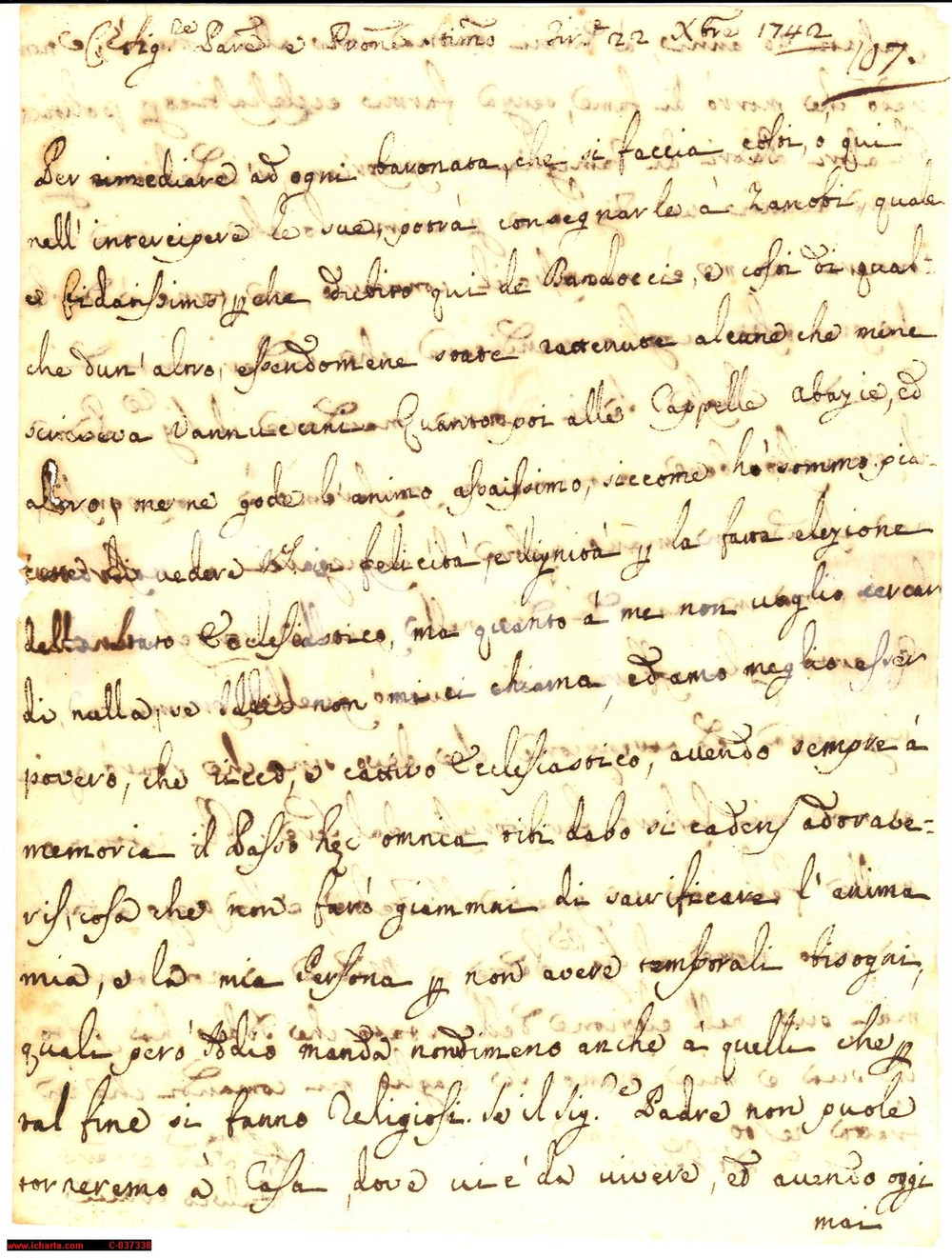 Manoscritto, lettera originale 1742 FIRENZE Fulvio BACCI meglio mendicante che prete 1