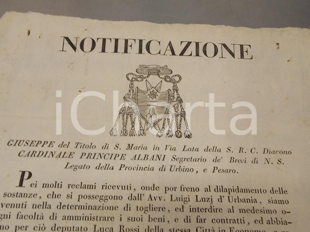 Documento originale, autentico 1834 URBANIA PU Interdizione avv. Luigi LUZI scialacquatore del patrimonio 1