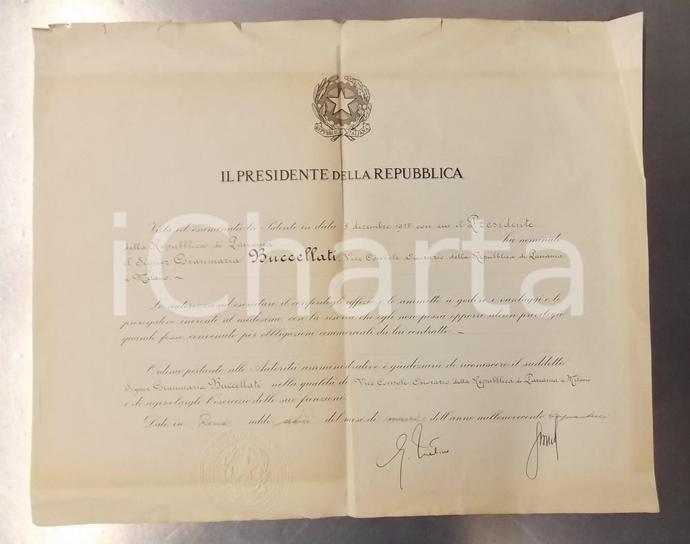 Documento originale, autentico 1956 ROMA Diploma di nomina Gianmaria BUCCELLATI viceconsole onorario Panama 1