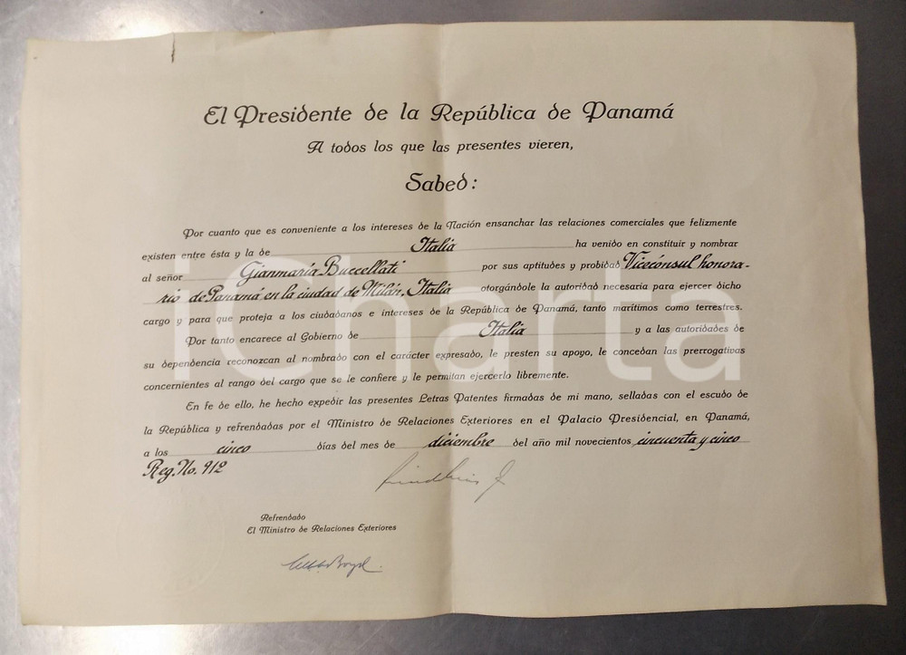 Documento originale, autentico 1955 PANAMA Diploma di nomina Gianmaria BUCCELLATI viceconsole onorario a Milano 1