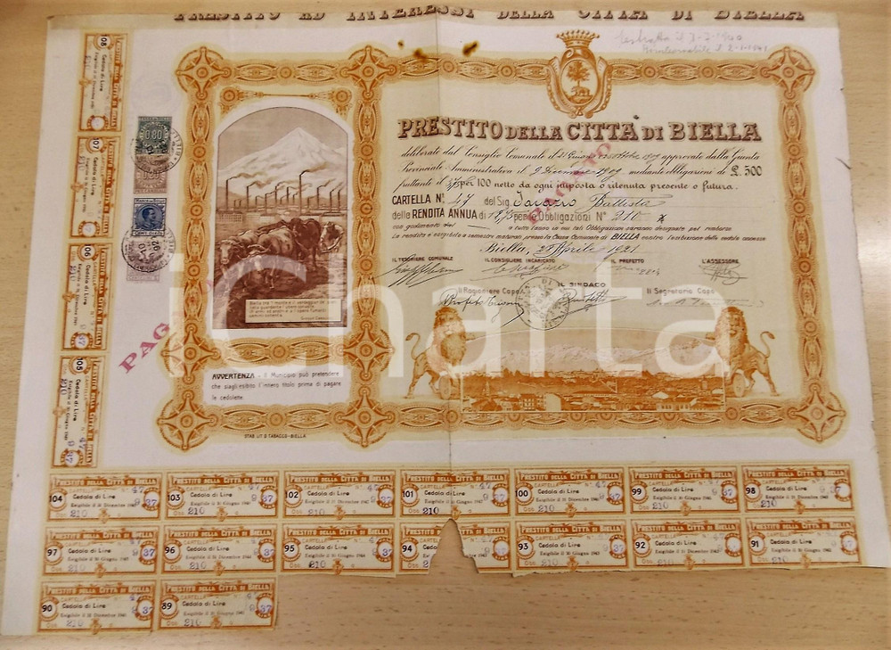 Oggetto da collezione cartaceo 1921 CITTA  DI BIELLA Prestito obbligazionario  Certificato con cedole 1