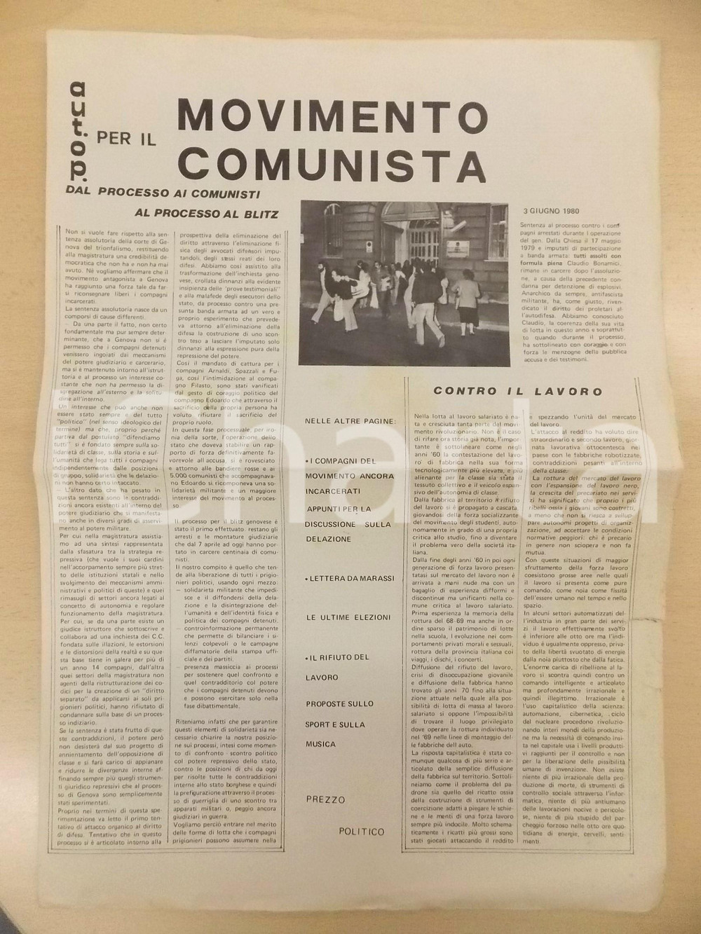 Giornale, rivista storica 1980 AUTONOMIA OPERAIA per il MOVIMENTO COMUNISTA  Dal carcere  Numero unico 1