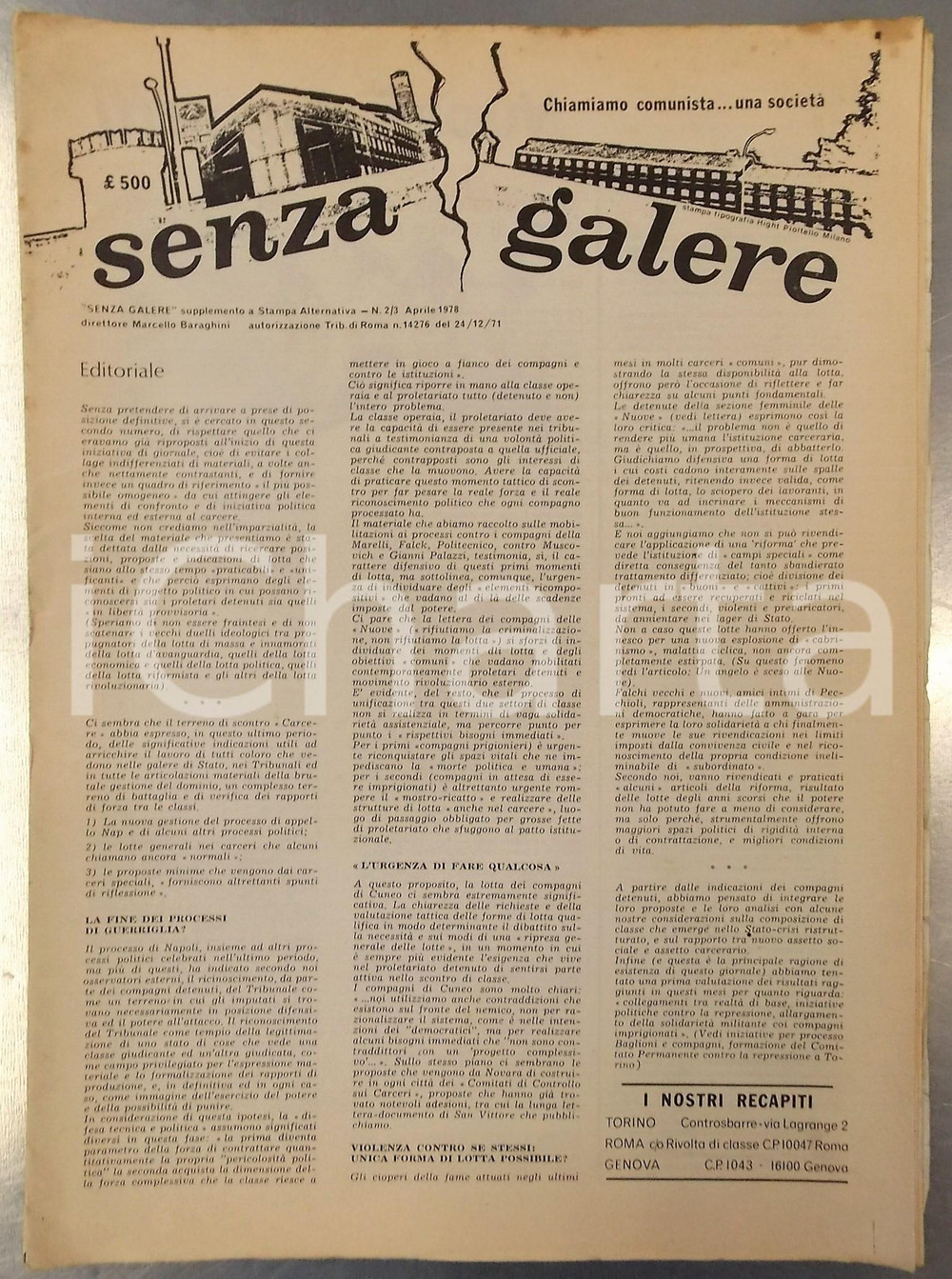 Giornale, rivista storica 1978 SENZA GALERE Lotta politica e carceri speciali  Giornale nÂ° 23 1