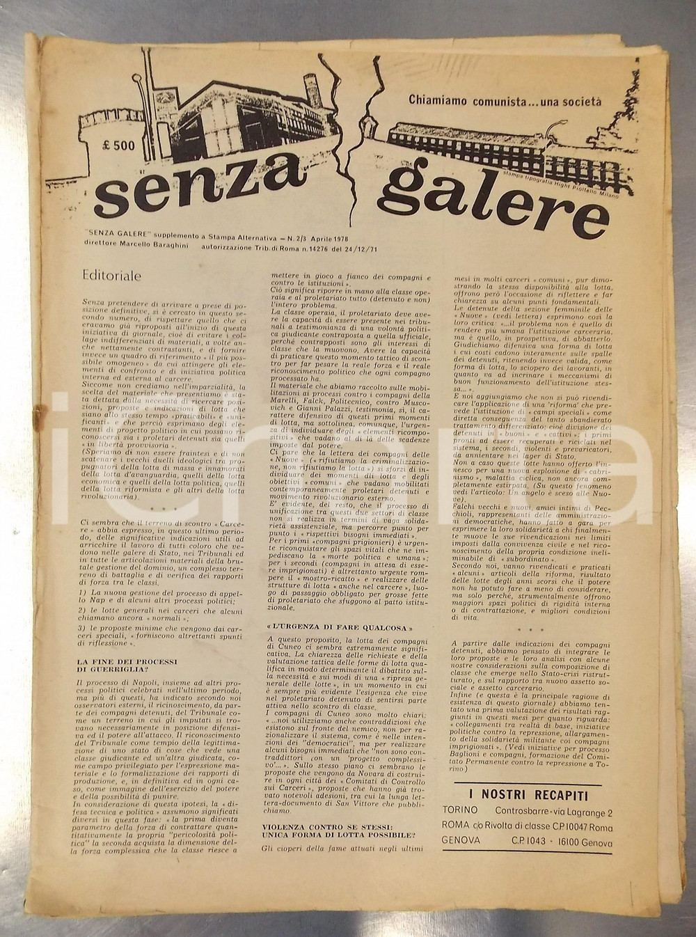 Giornale, rivista storica Aprile 1978 SENZA GALERE Lotta politica e carceri speciali  Giornale nÂ° 23 1