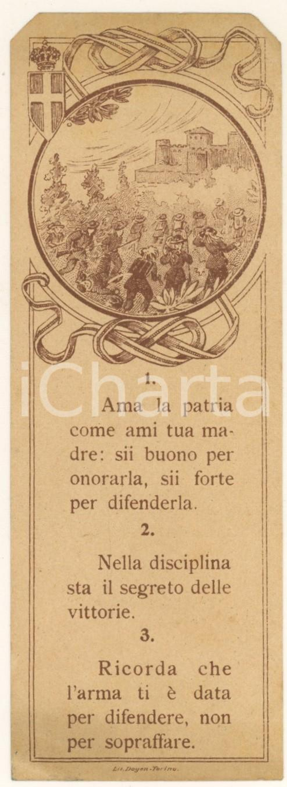 Oggetto da collezione cartaceo 1910 ca REGIO ESERCITO Segnalibro con le regole del buon soldato 17x6 cm 1