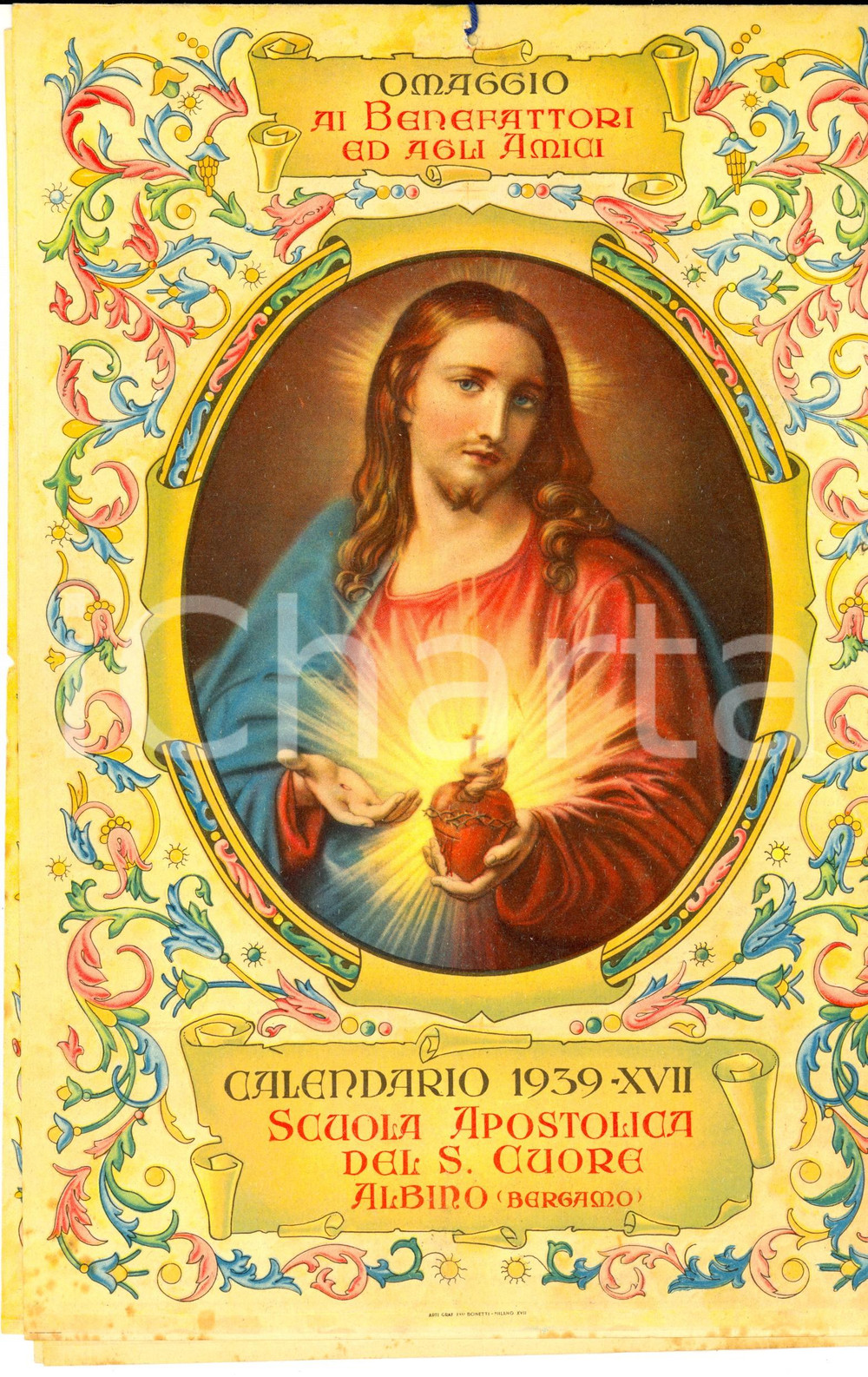 Oggetto da collezione cartaceo 1939 ALBINO BG Calendario della Scuola Apostolica del SACRO CUORE VINTAGE 1