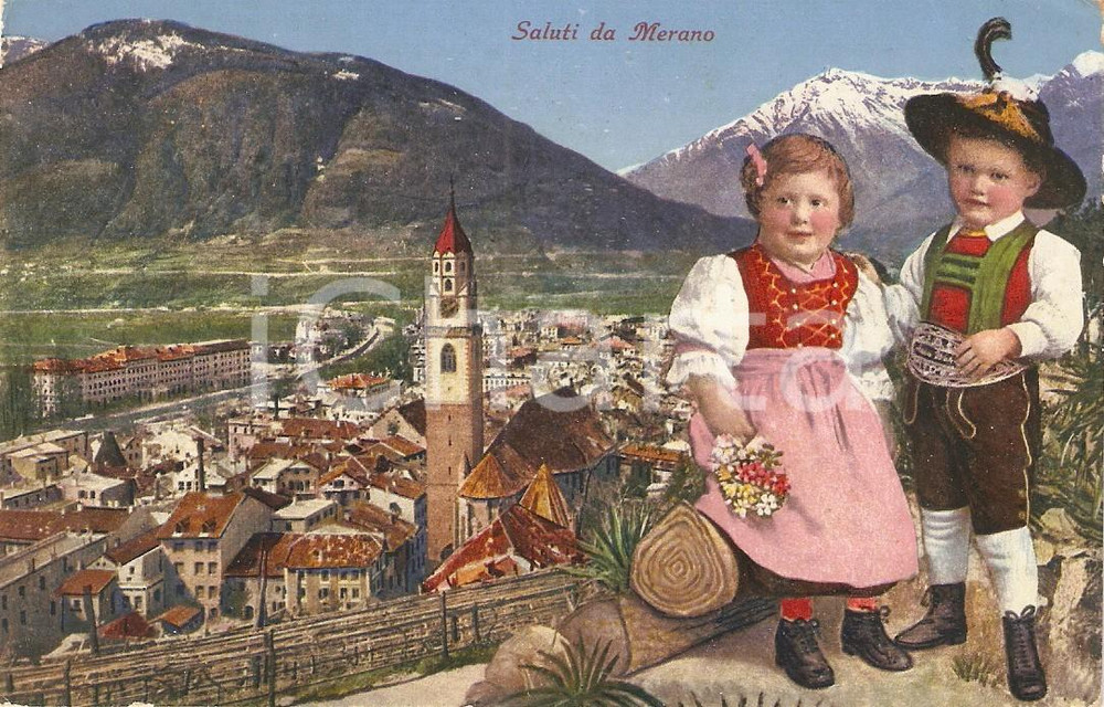 Cartolina originale da collezione 1920 ca MERANO BZ Bambini nei costumi tradizionali Cartolina illustrata FP NV 1