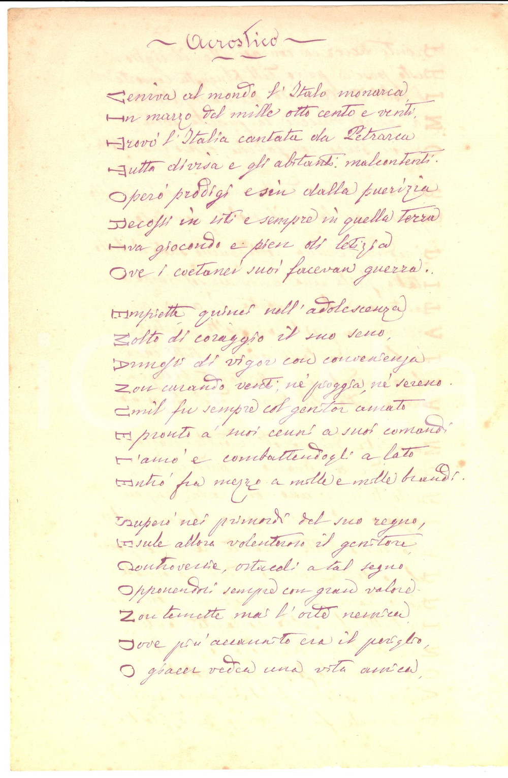 Documento originale, autentico 1879 Giacomo MINELLI Acrostico in morte di Vittorio Emanuele II INEDITO 1