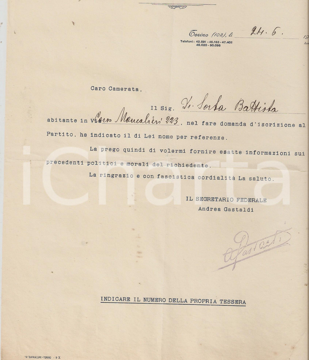 Manoscritto, lettera originale 1932 PNF TORINO Lettera a referente di Battista DI SORBA su iscrizione partito 1