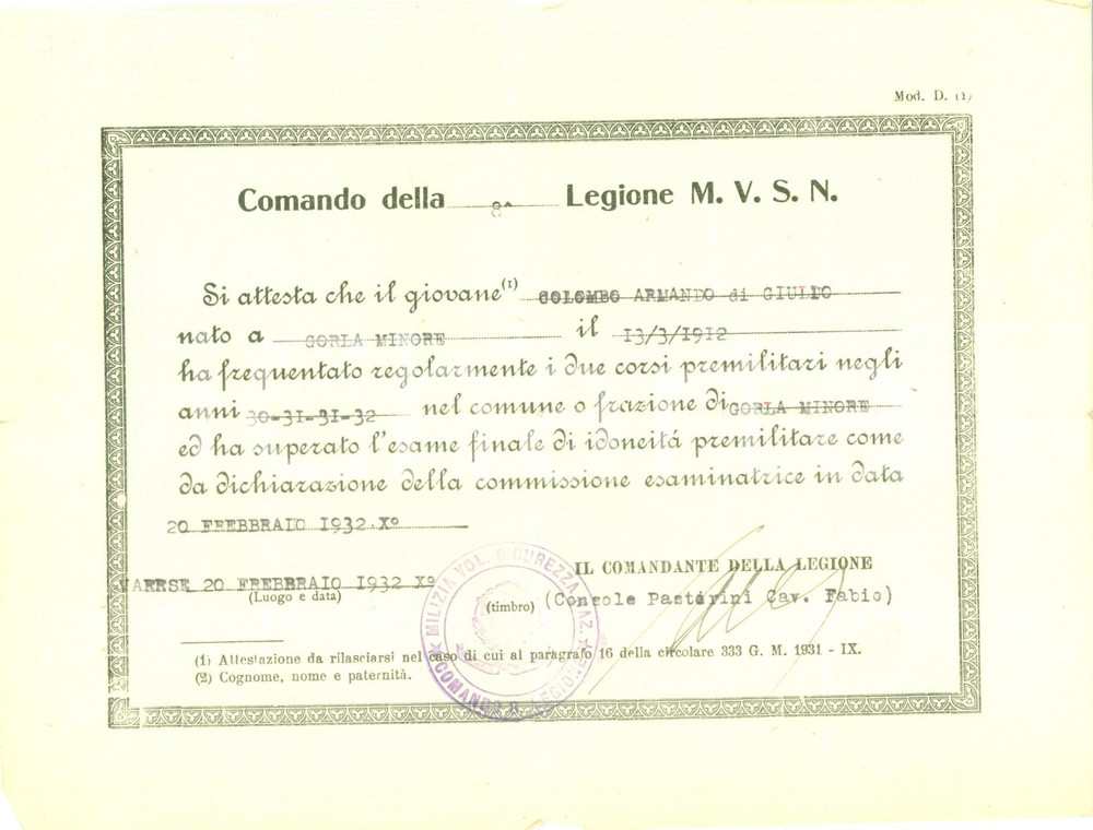 Documento originale, autentico 1932 GORLA MINORE 8 Legione MVSN Armando COLOMBO attestato corsi premilitari 1