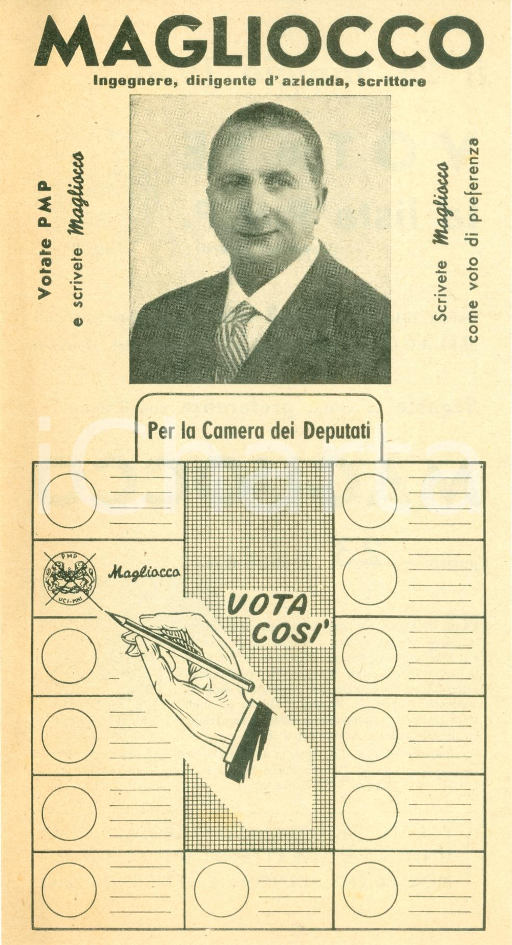 Materiale pubblicitario d’epoca 1958 MILANO ELEZIONI POLITICHE Votate PMP Vito MAGLIOCCO ingegnere scrittore 1