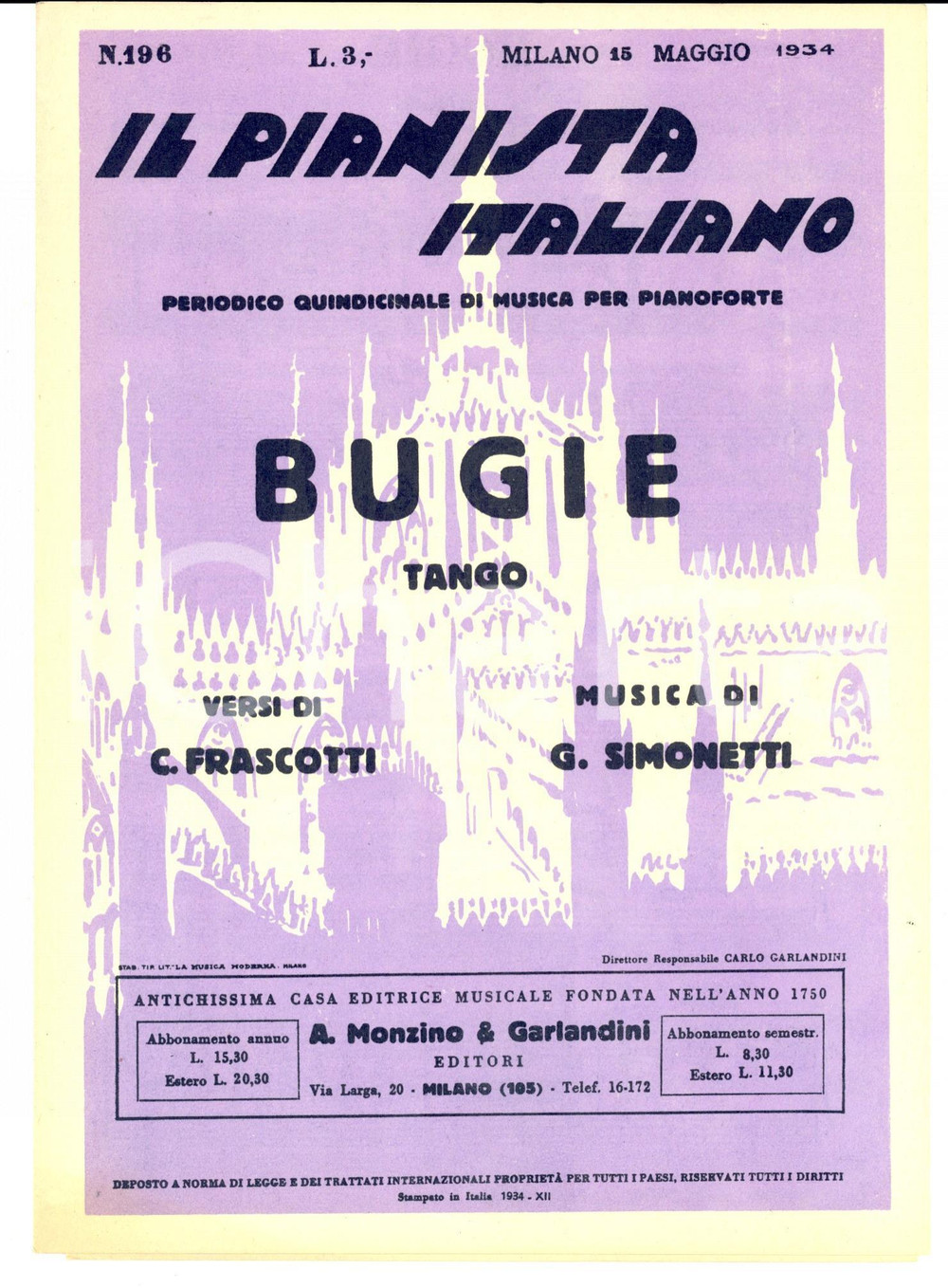 Oggetto da collezione cartaceo 1934 C. FRASCOTTI G. SIMONETTI Bugie - Tango *Spartito MONZINO & GARLANDINI 1
