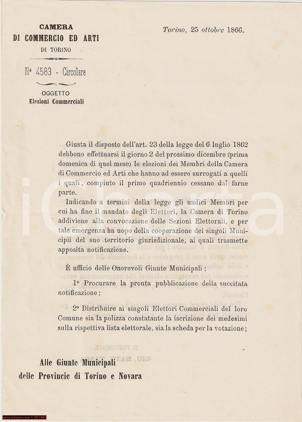 Documento originale, autentico 1866 TORINO Nuovi membri CAMERA COMMERCIO ED ARTI 1