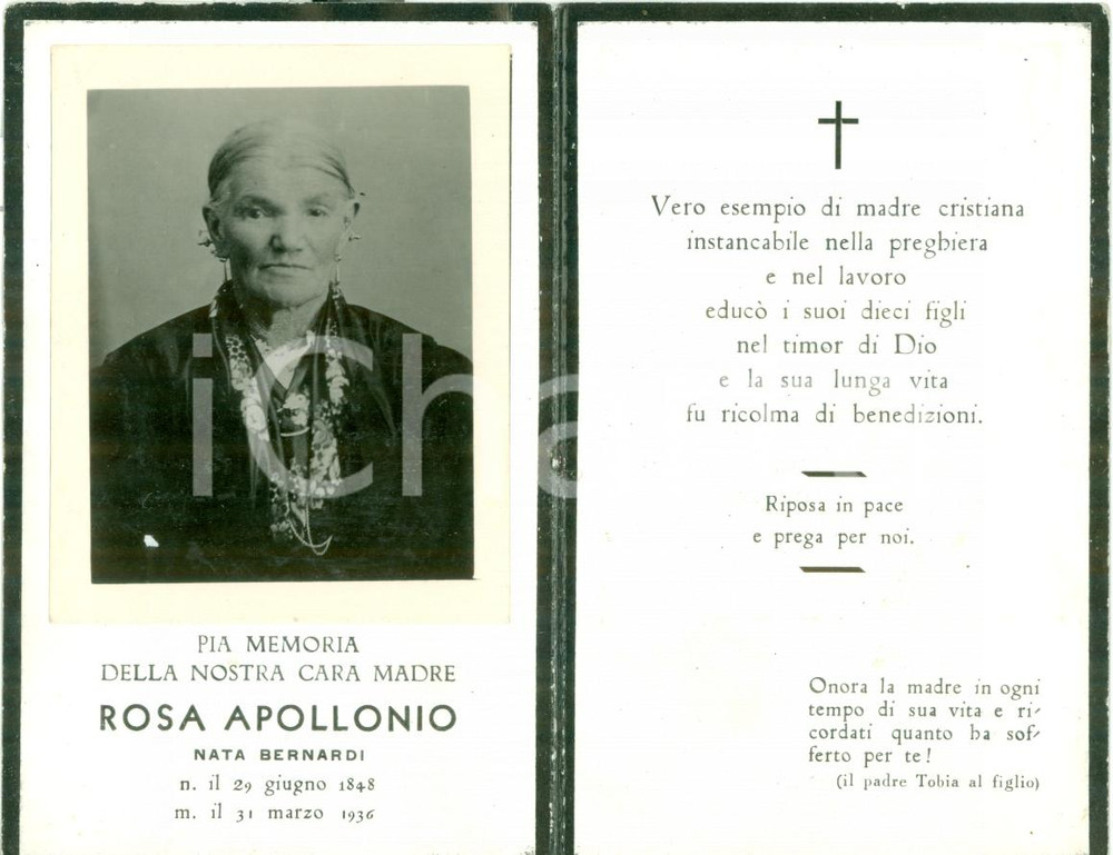 Oggetto da collezione cartaceo 1936 CORTINA D'AMPEZZO (BL)? Rosa APOLLONIO nata BERNARDI *Santino con FOTO 1