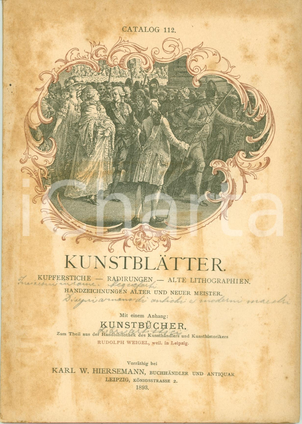 Libro, pubblicazione d epoca 1893 LEIPZIG Libreria antiquaria KARL HIESERMANN Catalogo 112 Stampe incisioni 1