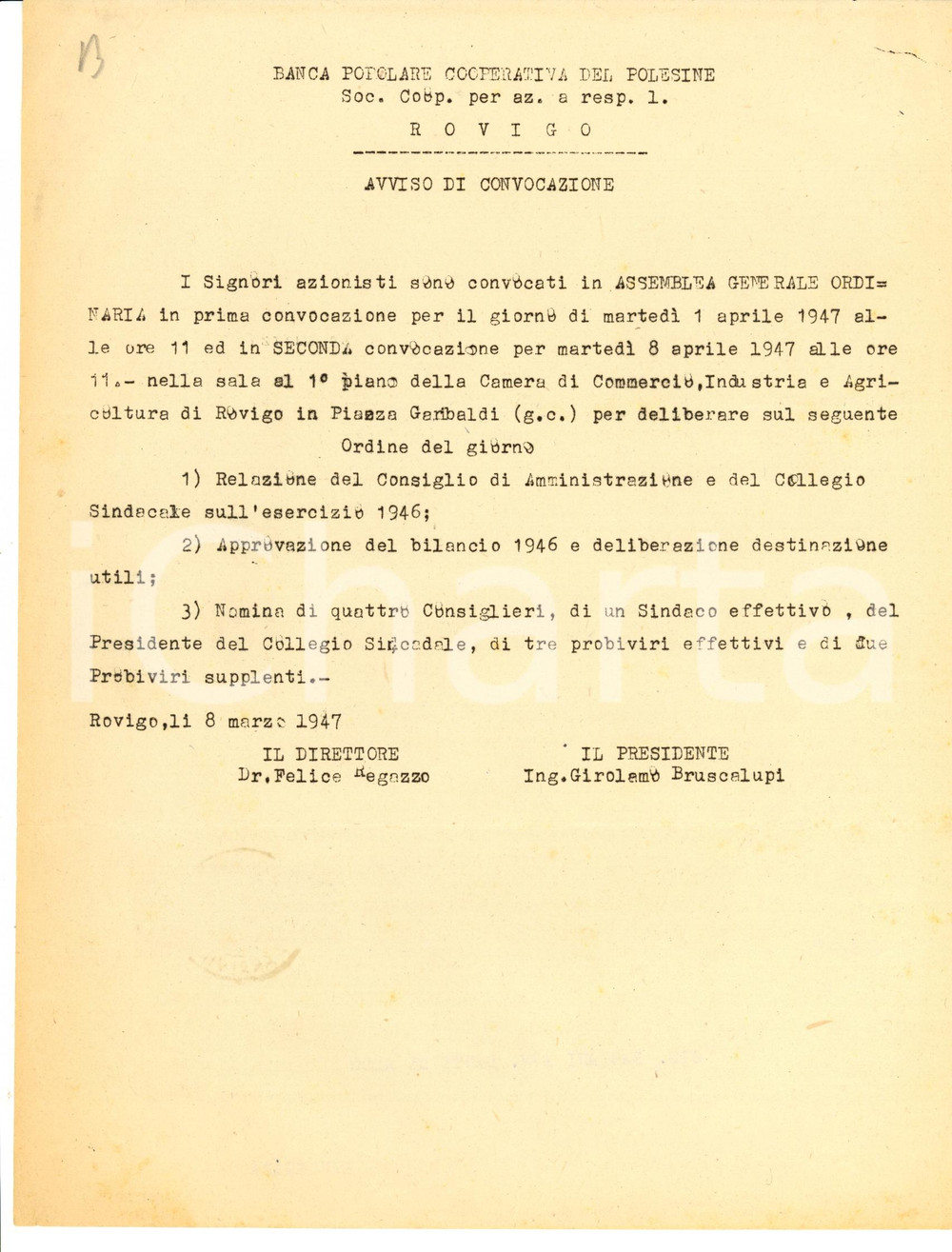 Documento originale, autentico 1947 ROVIGO Assemblea Banca Cooperativa del POLESINE 1