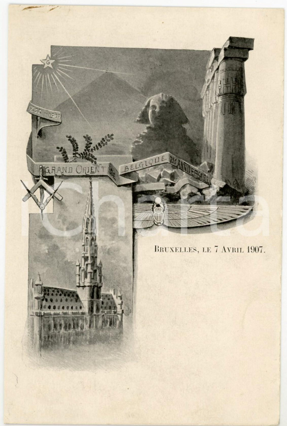 1907 FRANC-MAÇONNERIE BRUXELLES 75e Anniversaire Grand Orient Belgique *Postcard  Cartolina postale d'epoca, non viaggiata.Didascalia al verso: "2 - Binnenzicht van de loge 'De Goede Vriendschap', Namen".CONDIZIONI: G (minime tracce di ruggine al lato superiore)FORMATO: FP    originale e autentica 1