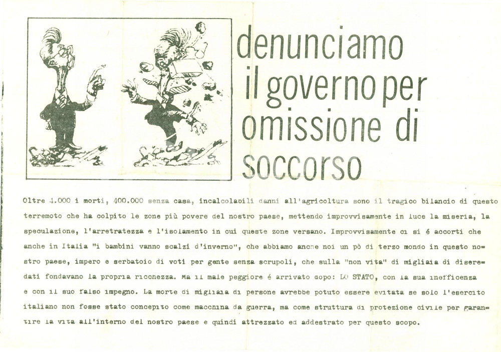 Documento originale, autentico 1981 DEMOCRAZIA PROLETARIA Colpe Governo in terremoto IRPINIA Caricatura FORLANI 1
