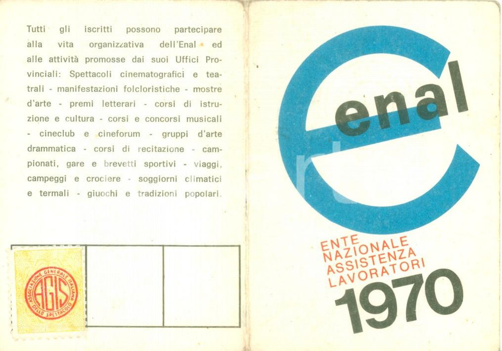 Oggetto da collezione cartaceo 1970 GENOVA Tessera ENAL Ente Nazionale Assistenza Lavoratori Circolo BOTTINO 1