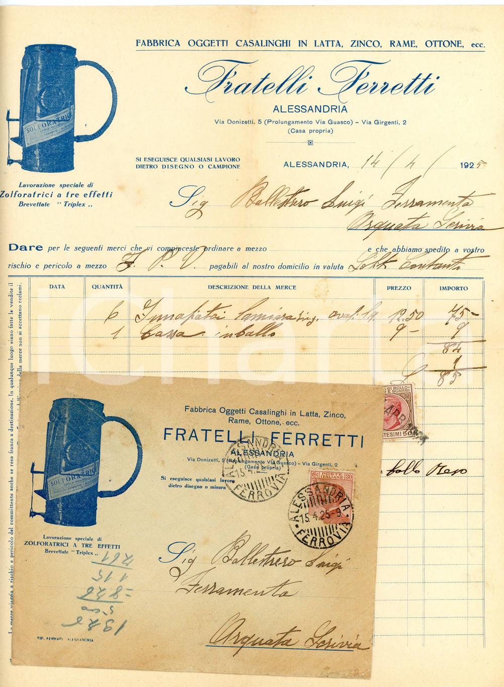 1925 ALESSANDRIA - Fratelli FERRETTI - Fabbrica oggetti casalinghi - Fattura Fattura commerciale d'epoca, a stampa con inserti manoscritti, su carta intestata illustrata.Busta intestata, illustrata e viaggiata.Alessandria - via Donizetti, 5Presenti marche da bollo.CONDIZIONI: F (piegature d'epoca, lieve ingiallimento, piccola abrasione nella parte centrale)PAGINE: 1    originale e autentica 1