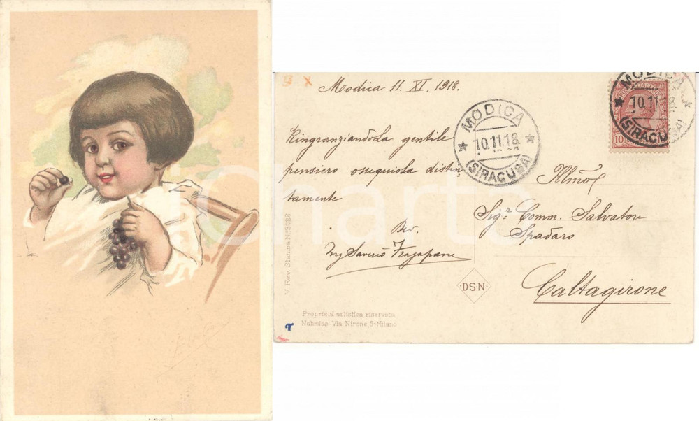 Autografo originale 1918 MODICA RG Bambina con l uva Autografo Saverio FRAGAPANE Cartolina FP VG 1