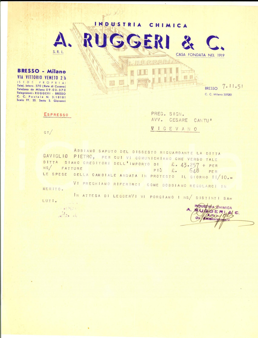 Documento originale, autentico 1951 BRESSO (MI) Industria chimica A. RUGGERI & C. su fallimento Pietro GAVIGLIO 1