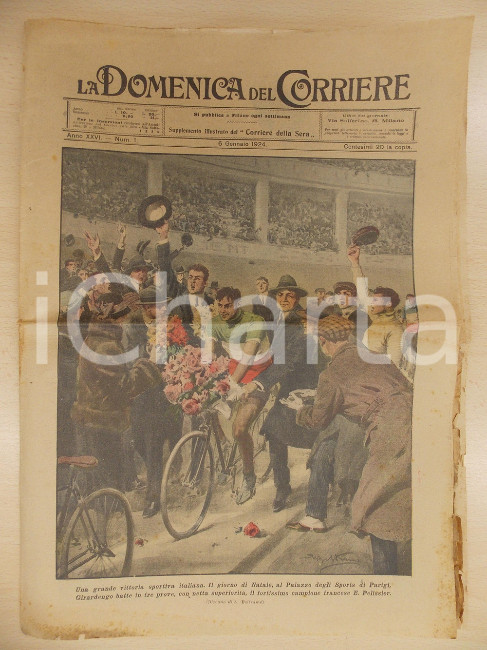 Giornale, rivista storica 1924 DOMENICA DEL CORRIERE Costante GIRARDENGO batte Henri PELISSIER a PARIGI 1