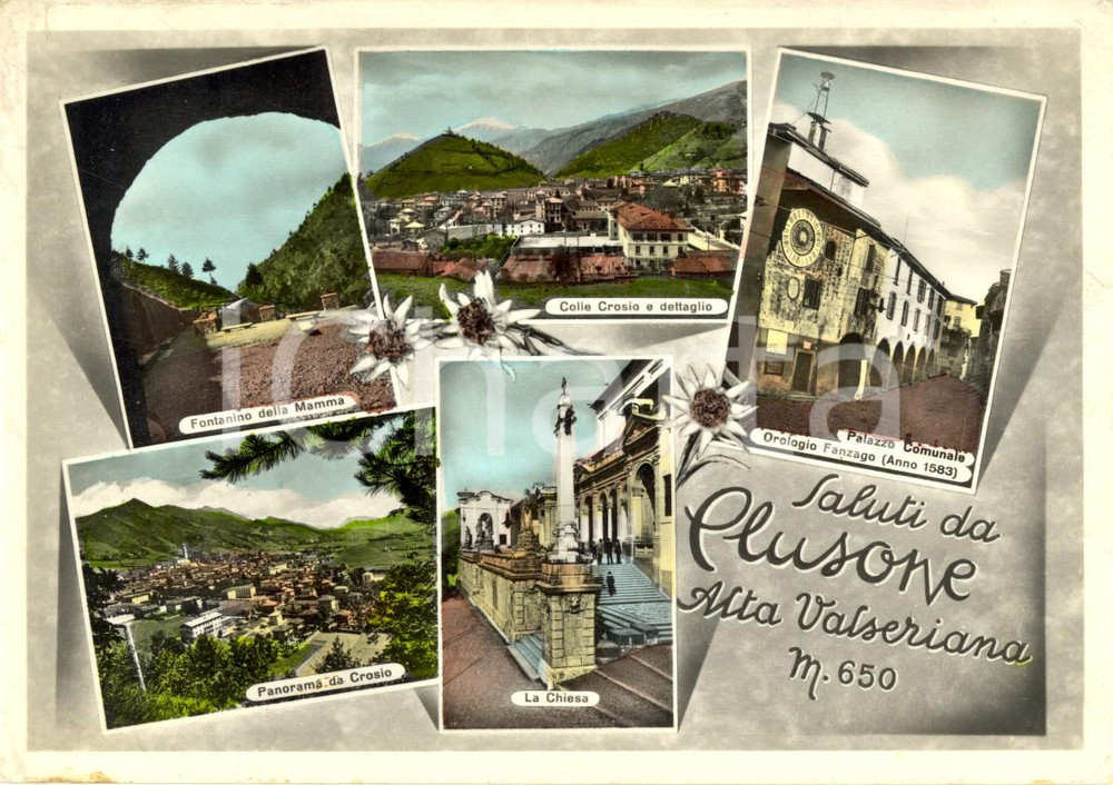 Cartolina originale da collezione 1960 ca CLUSONE BG Vedutine paese con orologio FANZAGO e colle CROSIO FG NV 1