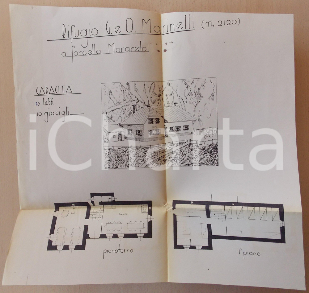 Mappa, planimetria storica 1950 ca FORCELLA MORARET Planimetria rifugio Giovanni e Olinto MARINELLI 40x40 1