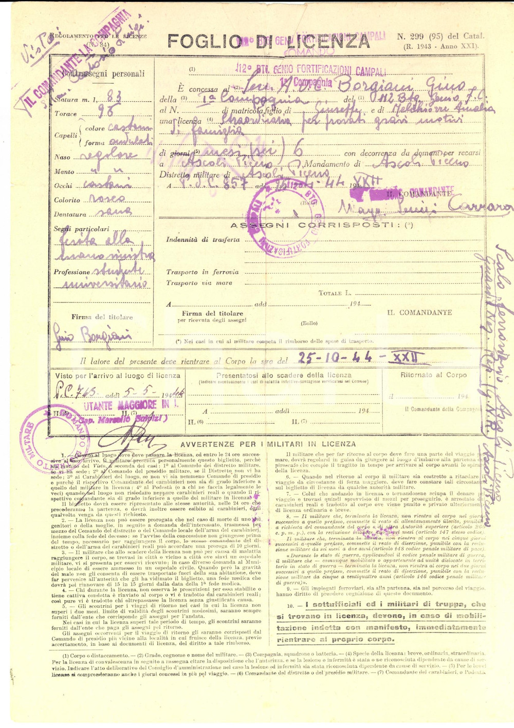 Documento originale, autentico 1944 WW2 FIRENZE 112Â° Battaglione GENIO Licenza al soldato Gino BORGIANI 1