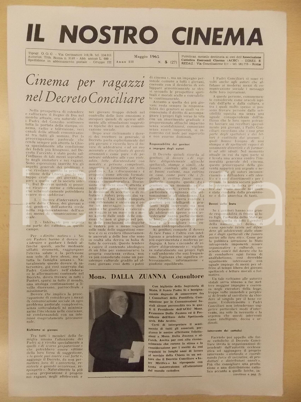 Giornale, rivista storica 1965 ACEC  IL NOSTRO CINEMA Monsignor Francesco DALLA ZUANNA consultore Rivista 1