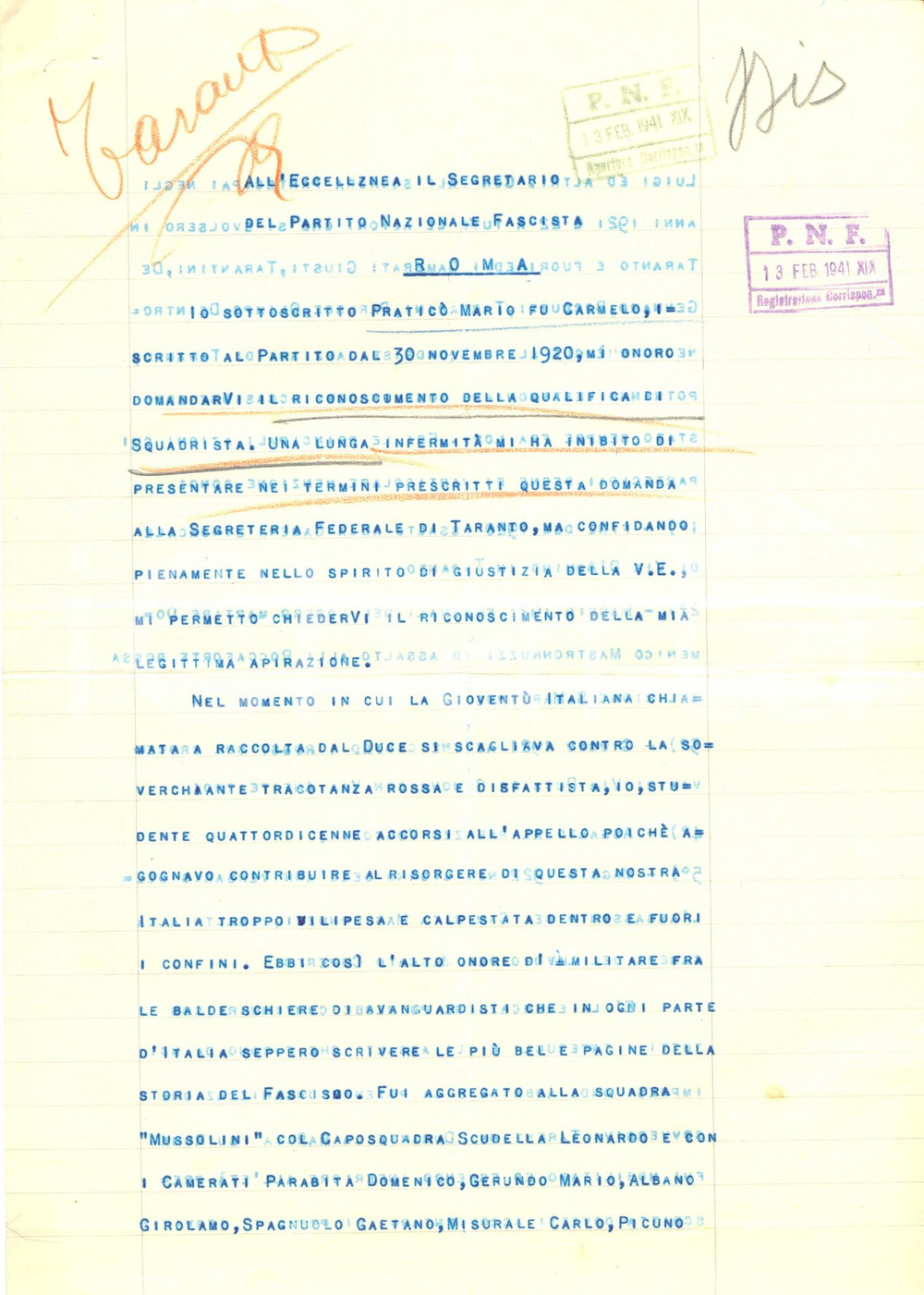 Documento originale, autentico 1941 TARANTO Mario PRATICO' chiede qualifica di SQUADRISTA carriera fascista 1