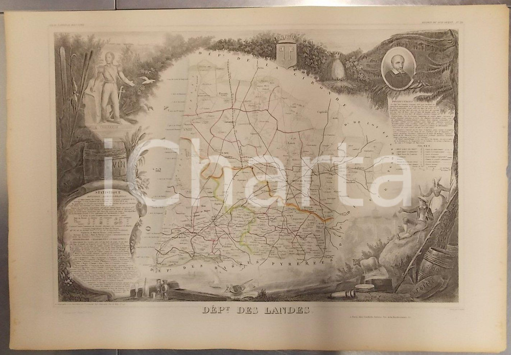 Stampa, bozzetto originale 1861 PARIS Atlas National de la France  illustré  Département des LANDES n° 39 1