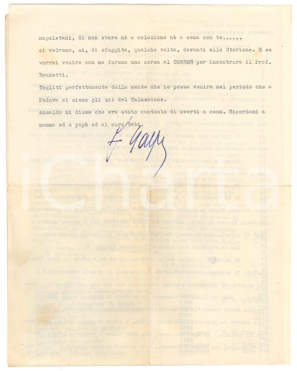 Autografo originale 1951 NAPOLI Lettera Gaspare CASELLA su donazione al Museo Correr  Autografo 1