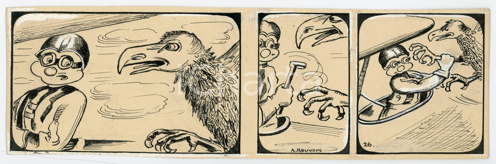 1940ca DRUMPIE'S DOLLE ADVENTUREN Comic strip 26 - A. REUVERS Original art RARE Striscia a fumetti d'epoca, originale e autentica. Disegno originale a china firmato A. Reuvers. EDITORE: Omnium PressCONDIZIONI: FAIR (abrasione al margine inferiore)DIMENSIONI: 25x8 cm    originale e autentica 1