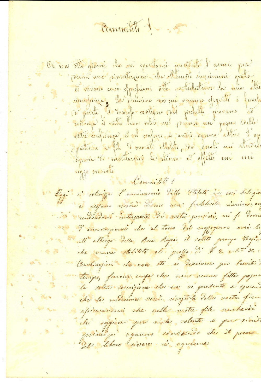 Documento originale, autentico 1860 ca TORINO ? Pranzo all albergo della ROSA ROSSA per festa dello Statuto 1