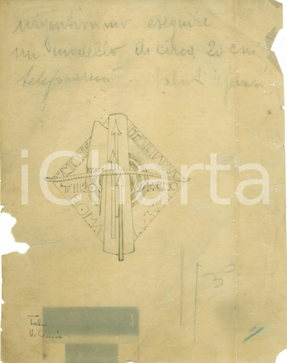 Stampa, bozzetto originale 1940 MILANO Unione Italiana Tiro a Segno Bozzetto DISEGNATO A MANO DANNEGGIATO 1