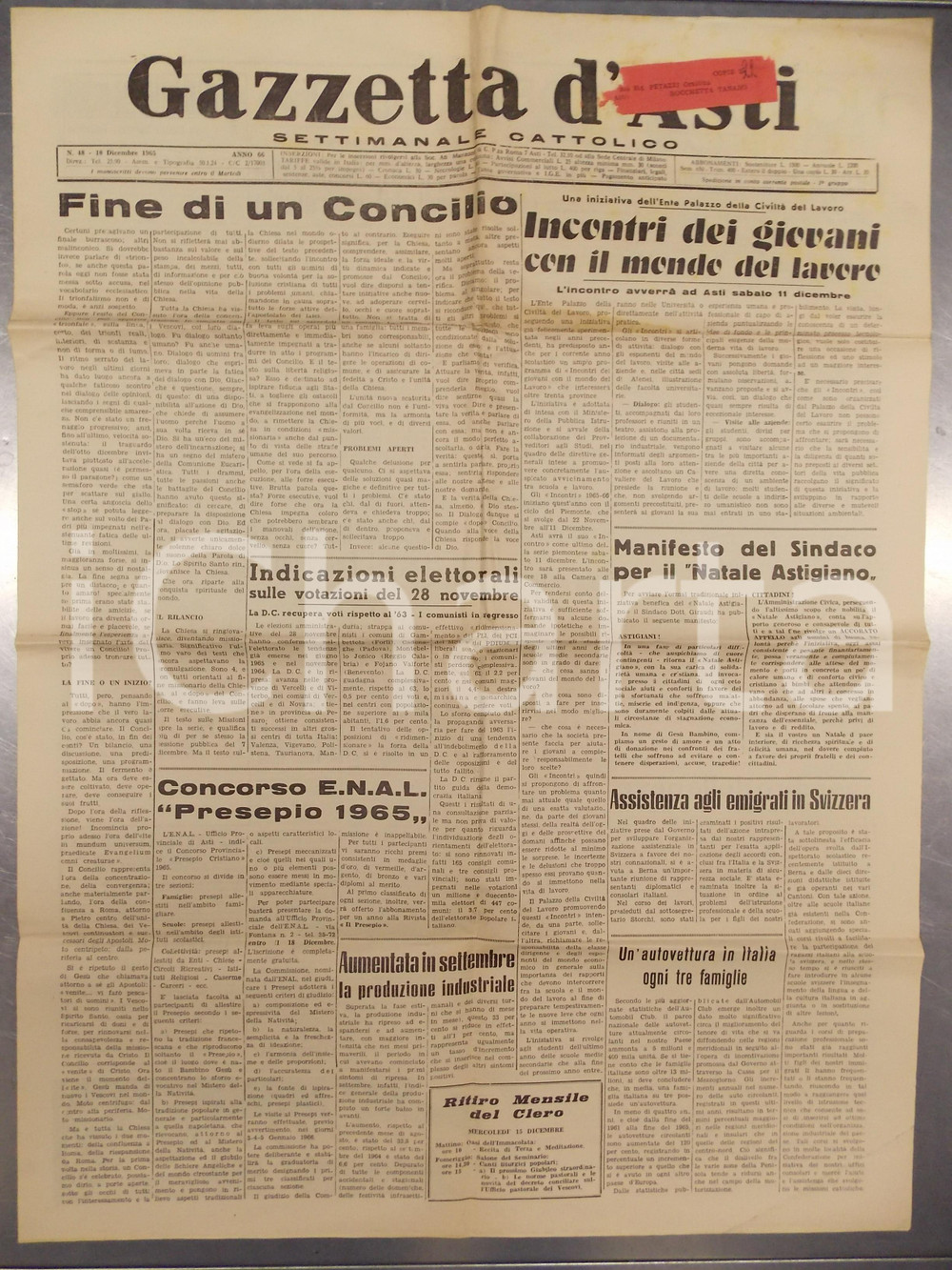 Giornale, rivista storica 1965 GAZZETTA D ASTI Fine del CONCILIO VATICANO II Rivista anno 66 n° 48 1