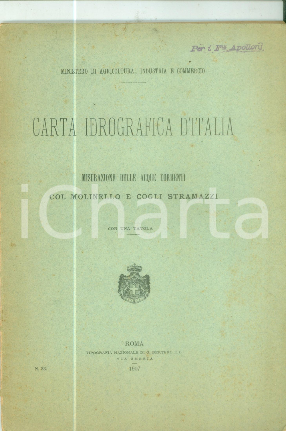 Libro, pubblicazione d epoca 1907 CARTA IDROGRAFICA D ITALIA Acque correnti col molinello DANNEGGIATO 1