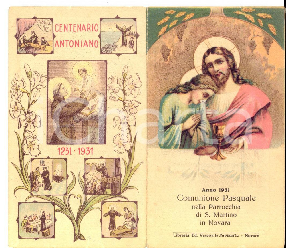 Oggetto da collezione cartaceo 1931 NOVARA Parrocchia SAN MARTINO Santino Prima Comunione Centenario Antoniano 1