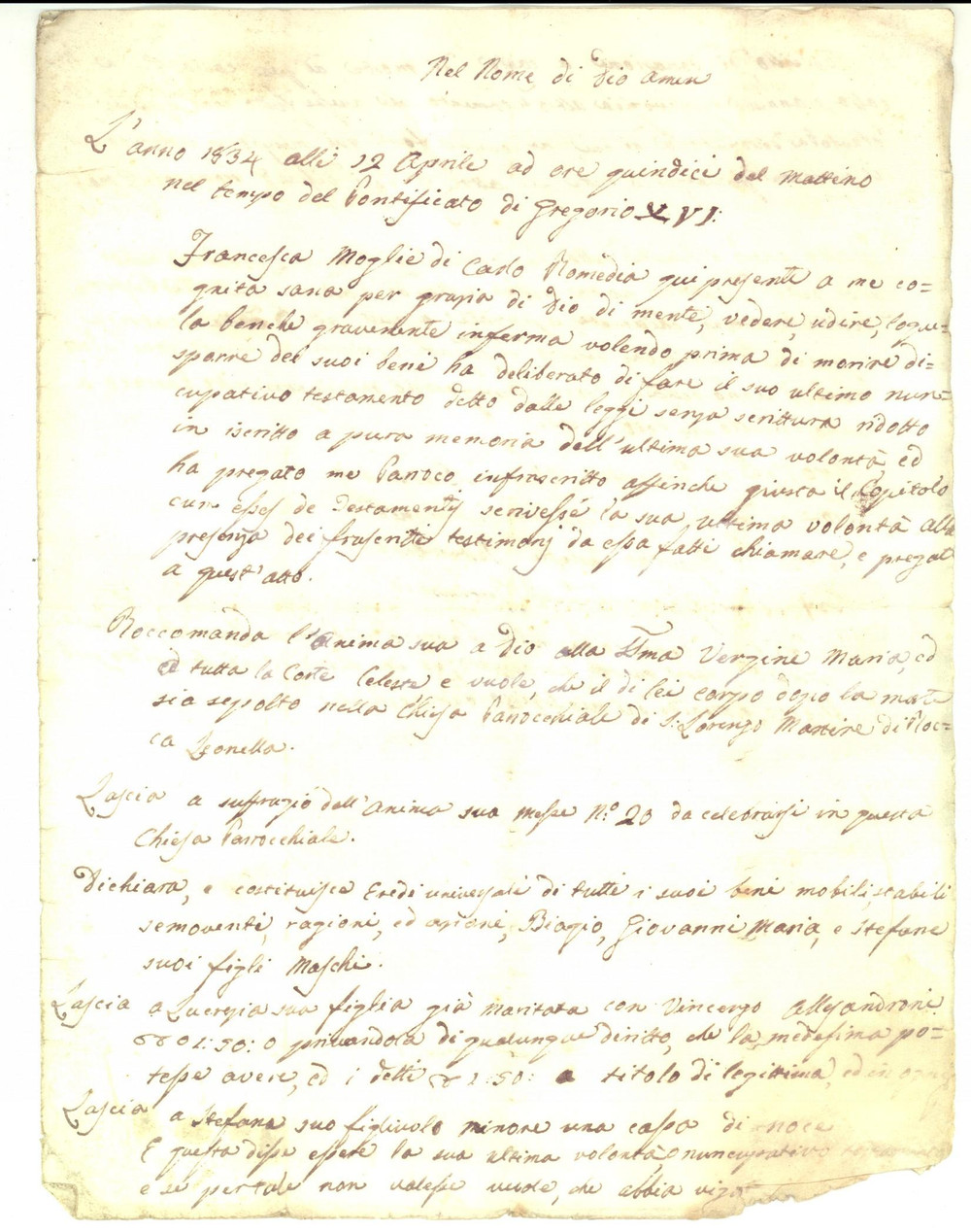 Documento originale, autentico 1834 ROCCA LEONELLA PU Testamento Francesca ROMEDIA a favore dei figli maschi 1
