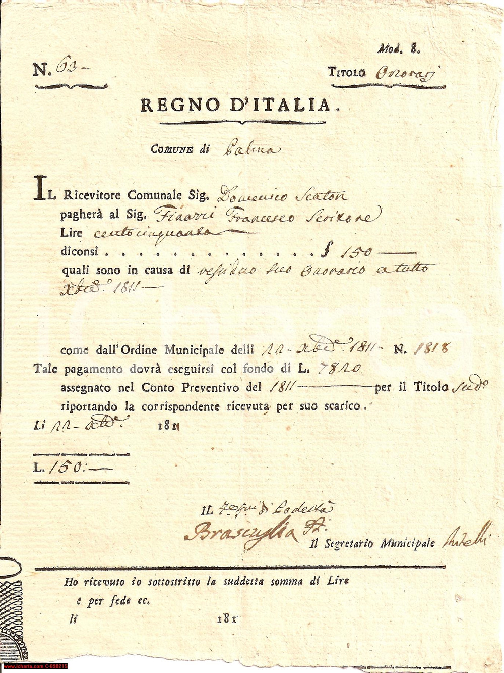 Documento originale, autentico 1811 PALMANOVA UD Onorari Francesco FINAZZI scrittore 1